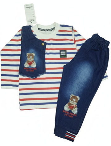 Kids Striped Teddy Denim Outfit | Boys Winter Casual Set | Stylish Jeans & T-Shirt Set.