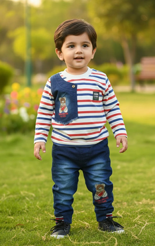 Kids Striped Teddy Denim Outfit | Boys Winter Casual Set | Stylish Jeans & T-Shirt Set.