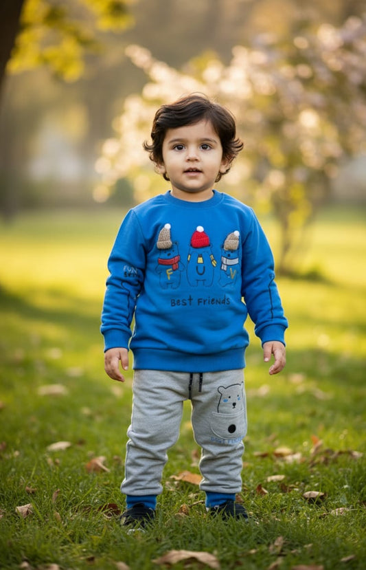 Best Friends Blue & Grey Winter Tracksuit for Boys | Cozy Soft Kids Outfit with Narrow Trouser